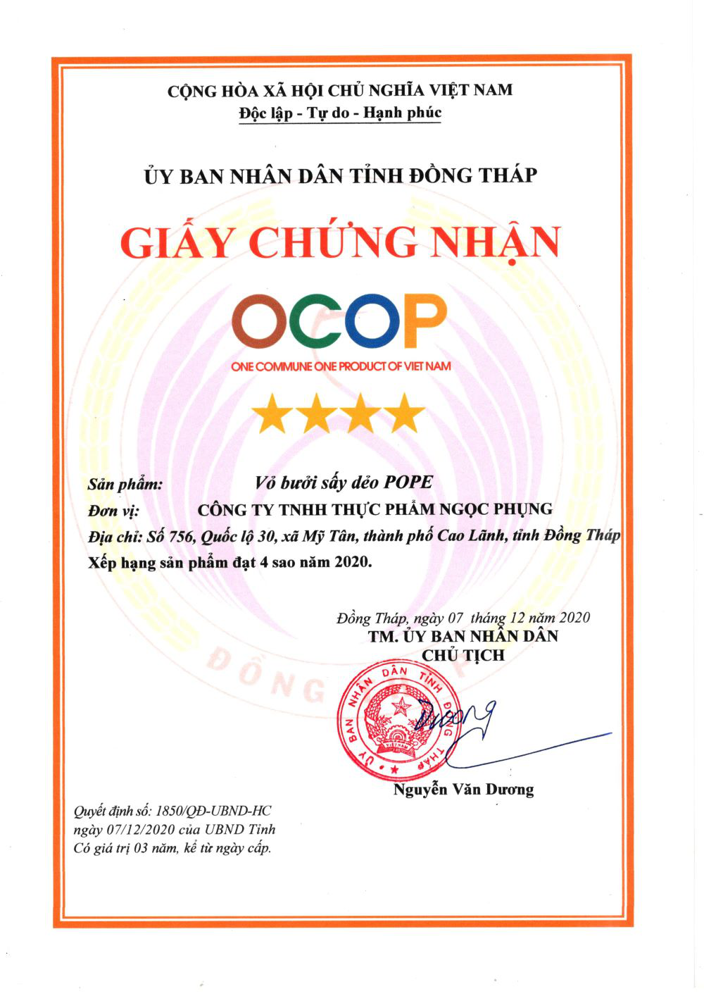 Giấy chứng nhận OCOP 4 sao