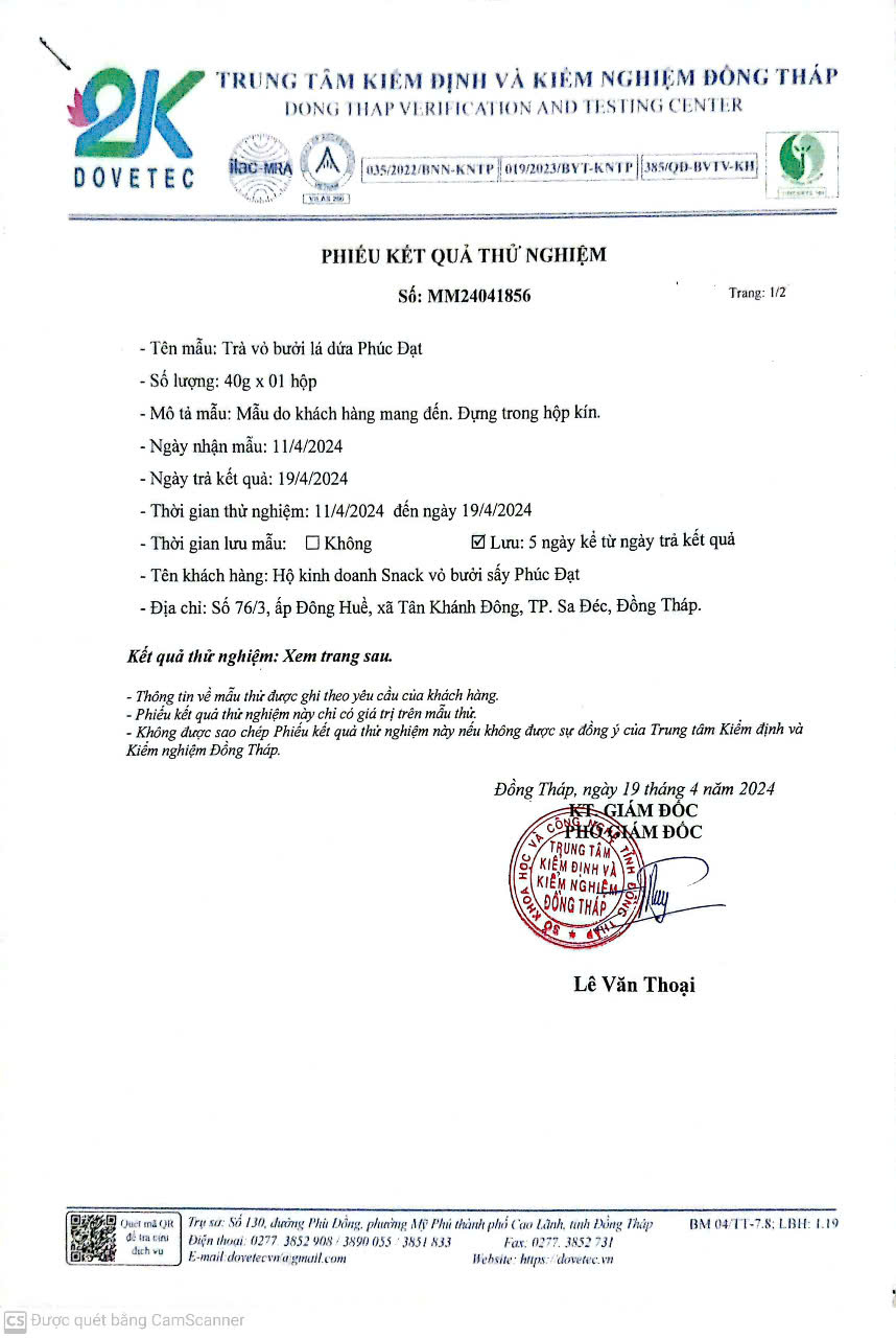 Phiếu kết quả thử nghiệm