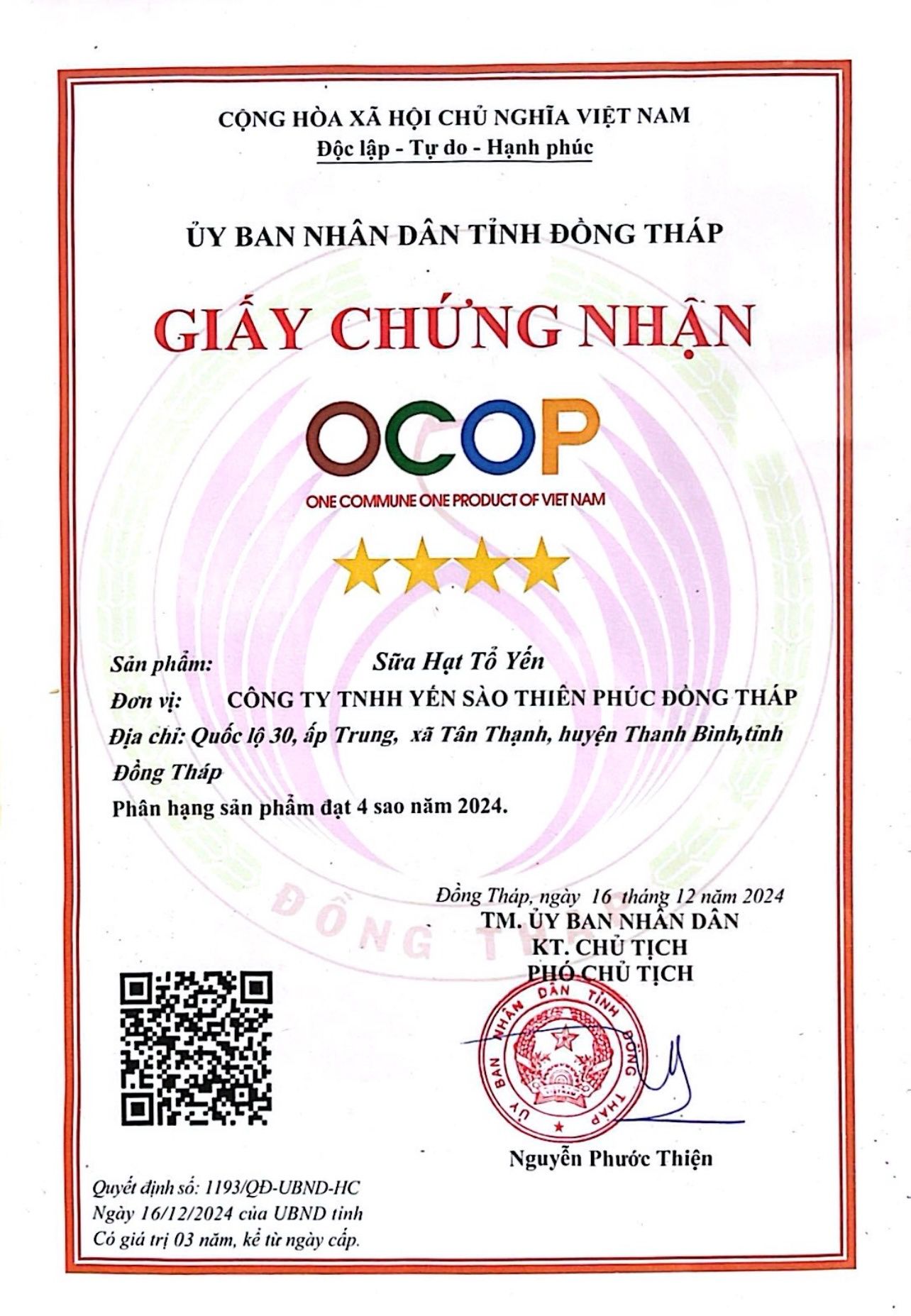 Chứng nhận OCOP 4 sao