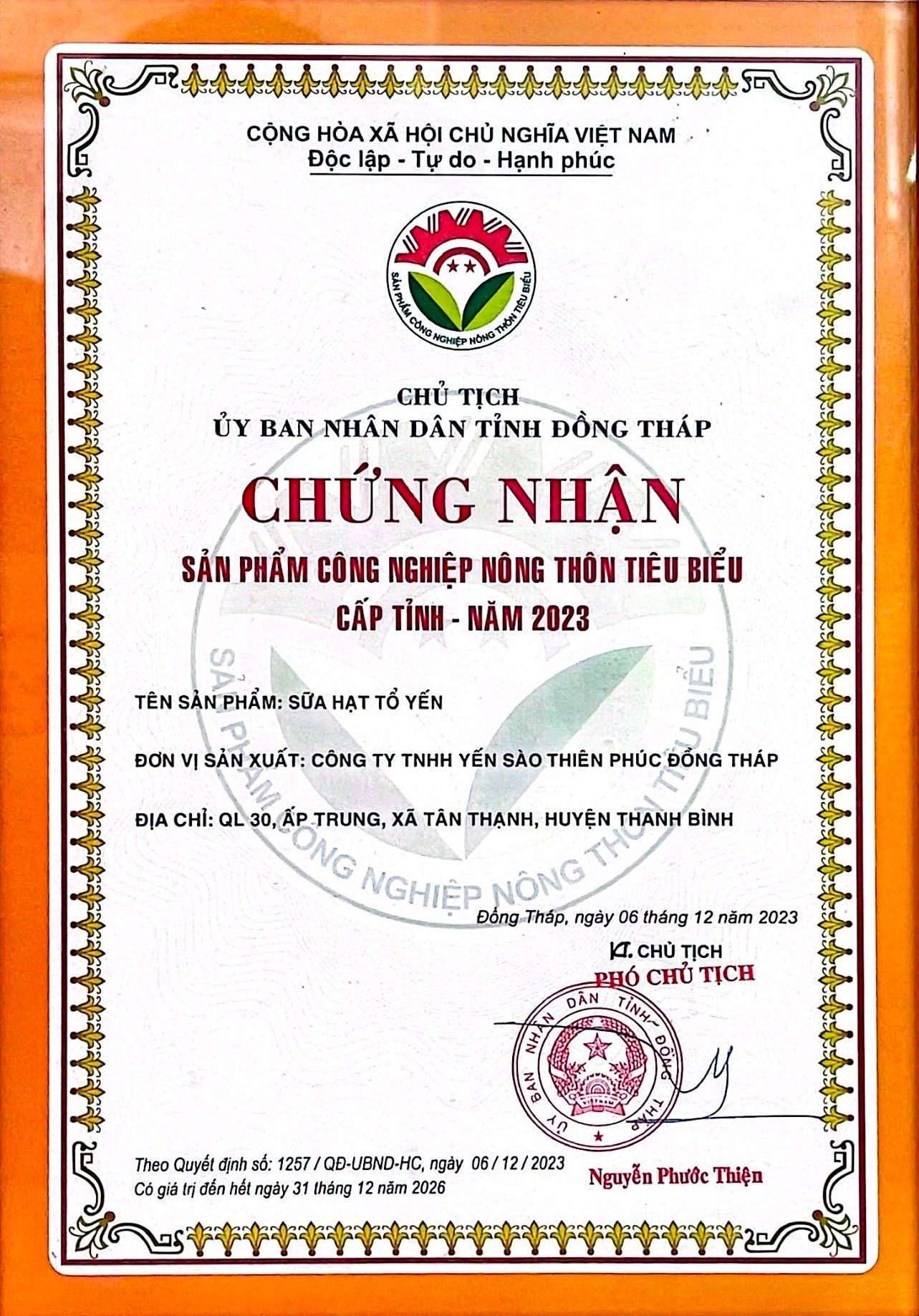 Chứng nhận Sản phẩm Công nghiệp Nông thôn Tiêu biểu cấp tỉnh năm 2023