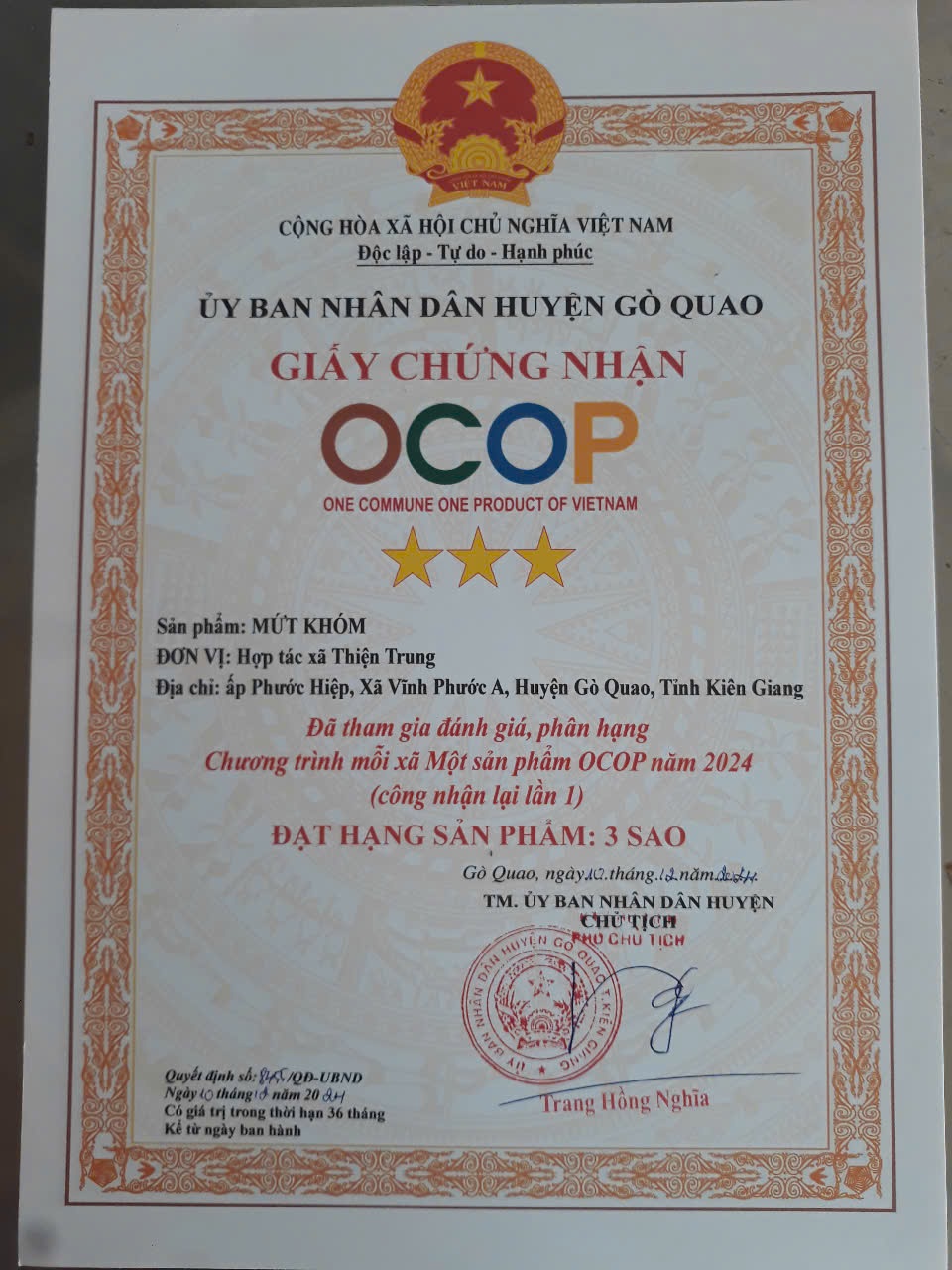Giấy chứng nhận OCOP