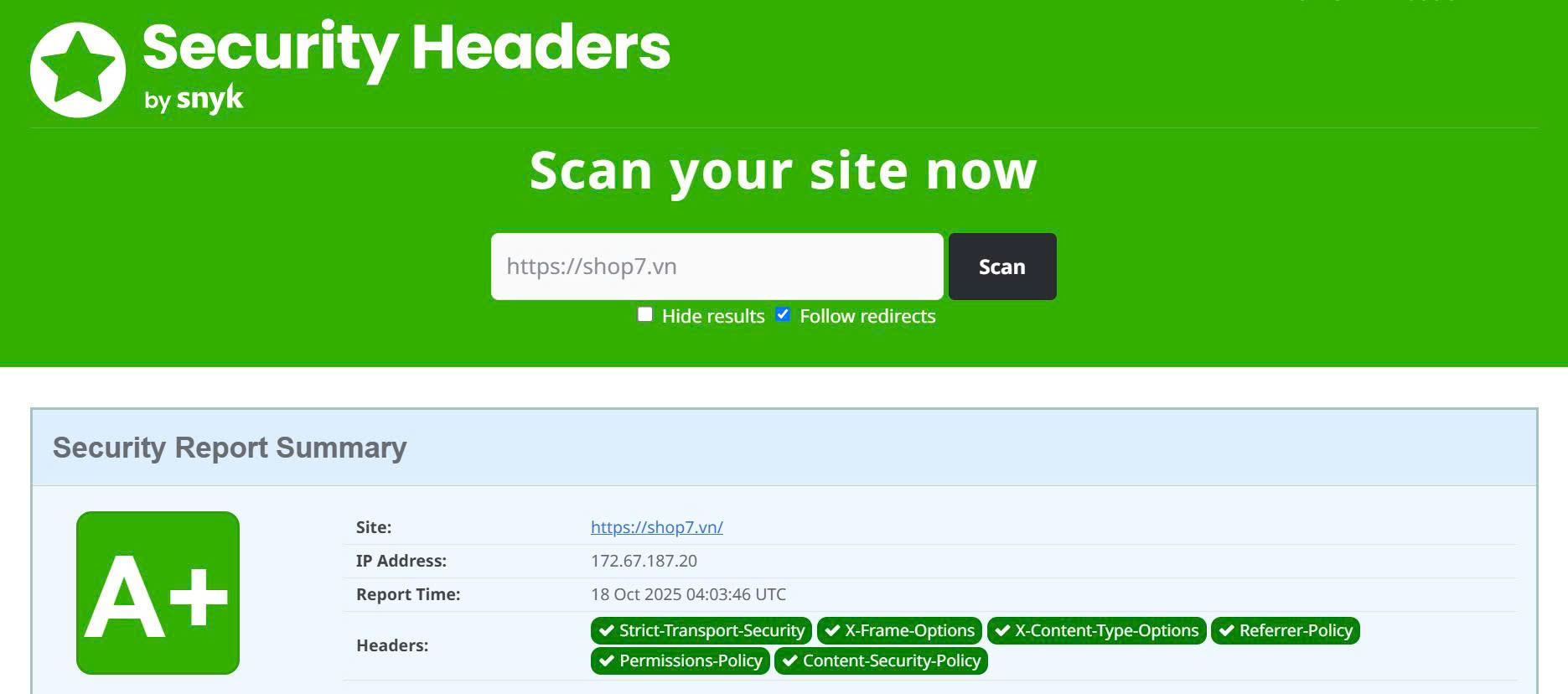 Bài test thể hiện độ tin cậy: bảo mật website (security headers)