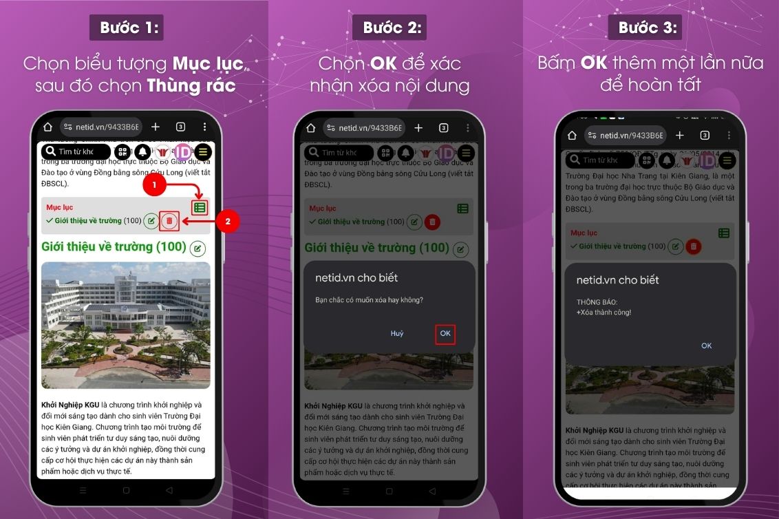 Xóa nội dung trong trang chính