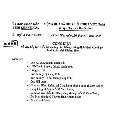 Công điện về việc tiếp tục triển khai công tác phòng, chống dịch bệnh Covid-19 trên địa bàn tỉnh Khánh Hòa