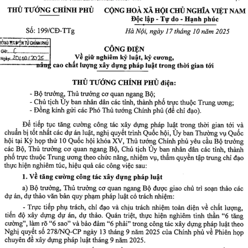 Công Điện Số 199/CĐ-TTg Của Thủ tướng Chính Phủ: Về Giữ Nghiêm Kỷ Luật, Kỷ Cương, Nâng Cao Chất Lượng Xây Dựng Pháp Luật Trong Thời Gian Tới