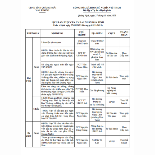 Lịch Làm Việc Của UBND Tỉnh Quảng Ngãi - Tuần 43 (Từ Ngày 27/10/2025 Đến Ngày 02/11/2025)