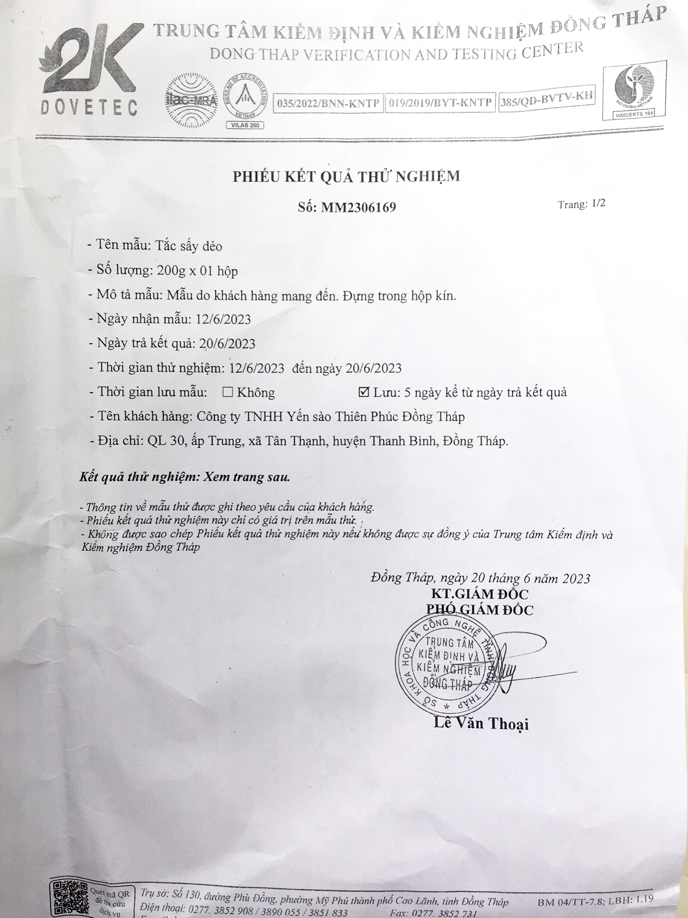 Phiếu Kiểm Nghiệm Tắc Sấy Dẻo