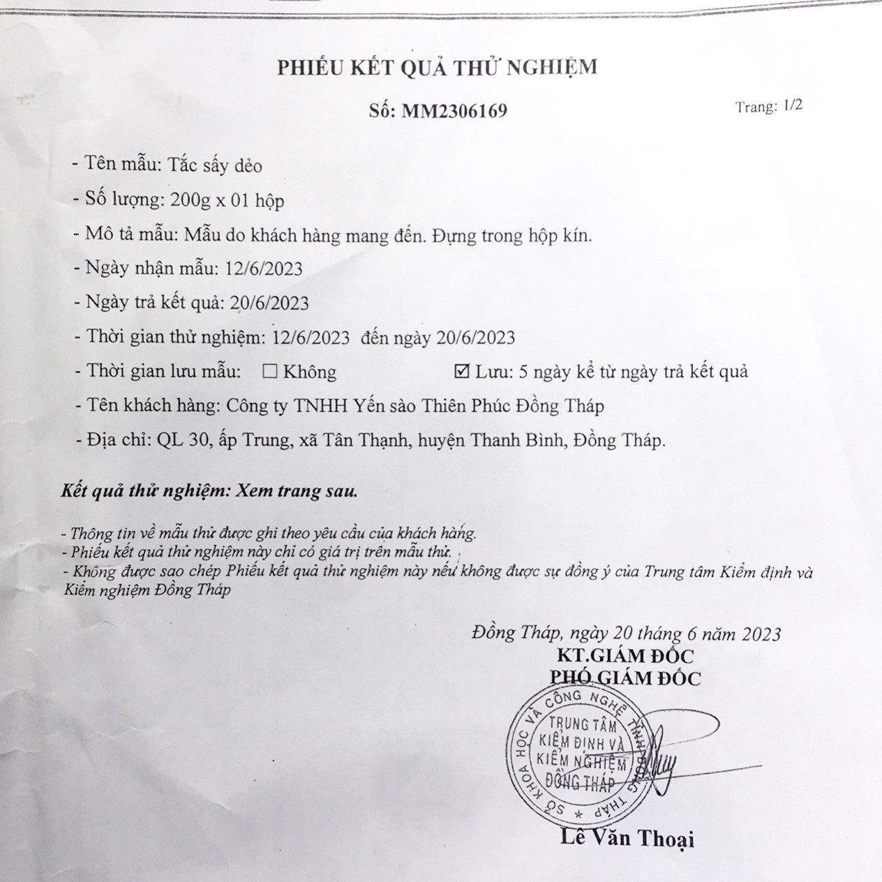Phiếu Kiểm Nghiệm Tắc Sấy Dẻo | Thiên Gia Phúc