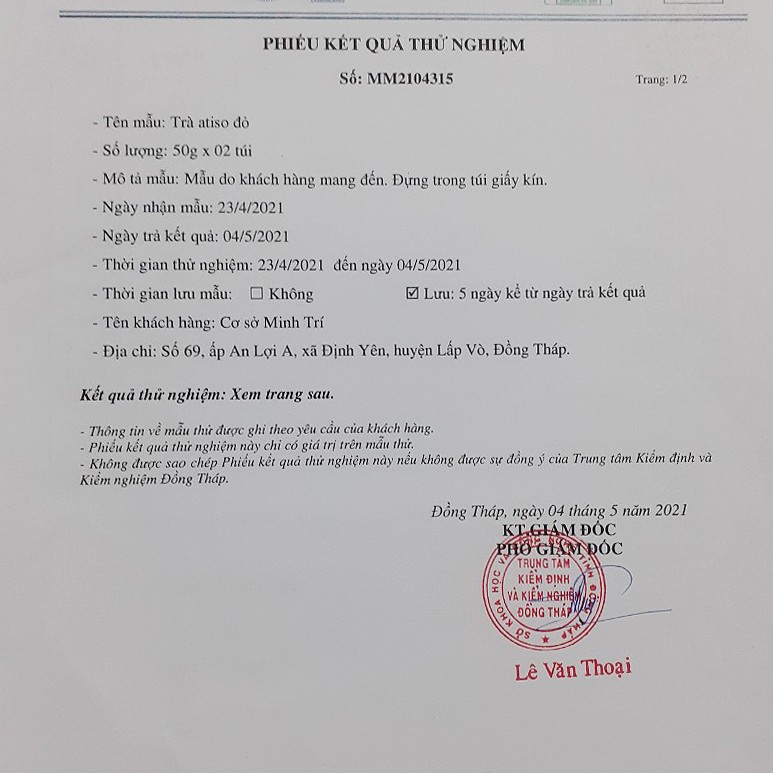 Phiếu Kiểm Nghiệm Trà Hoa Atiso