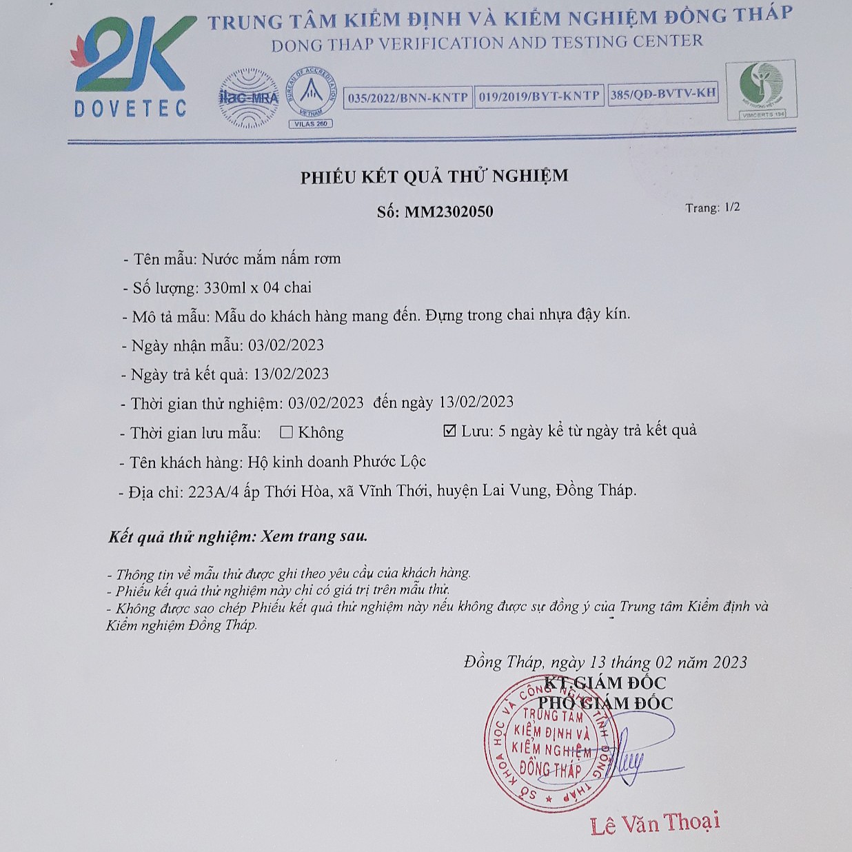 Giấy Kiểm Nghiệm Nước Mắm Nấm Rơm