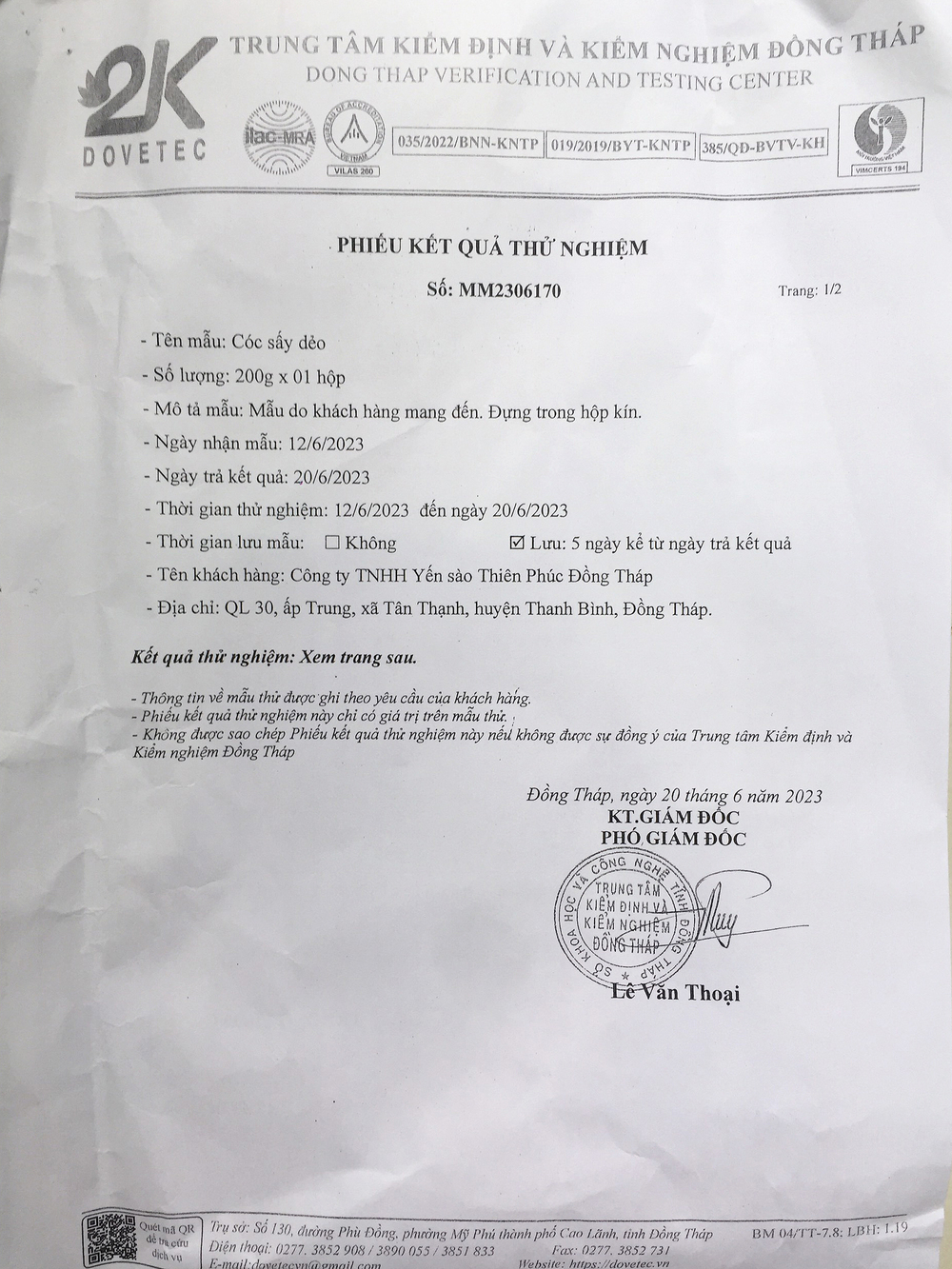 Phiếu Kiểm Nghiệm Cóc Sấy Dẻo