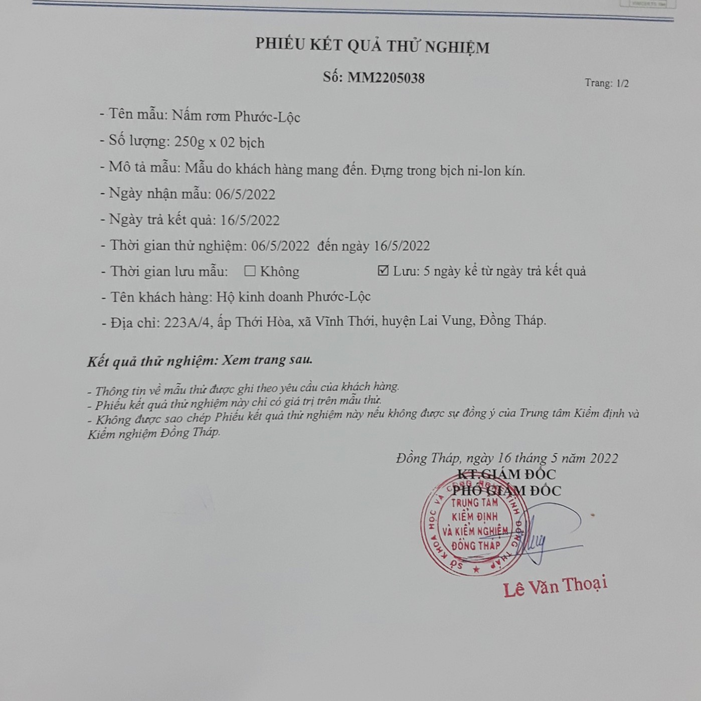 Phiếu Phân Tích Nấm Rơm Hấp