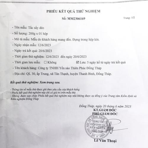 Phiếu Kiểm Nghiệm Tắc Sấy Dẻo | Thiên Gia Phúc