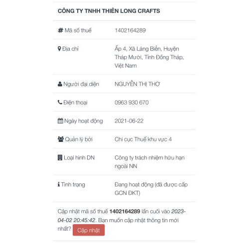 Giấy Chứng Nhận ĐKKD Thiên Long Crafts