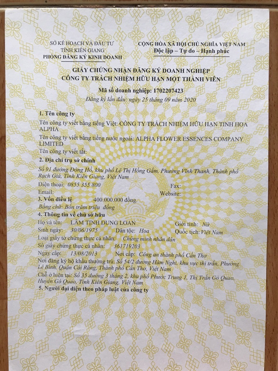 Giấy Phép Kinh Doanh Công Ty TNHH Tinh Hoa Alpha