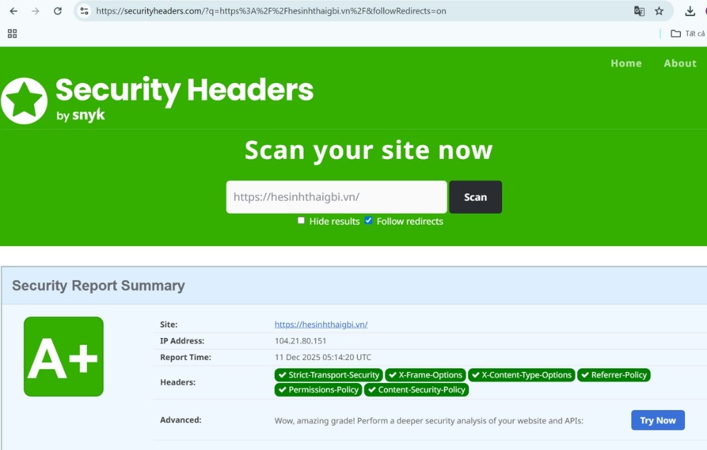 b) Security Headers (A+ Level):