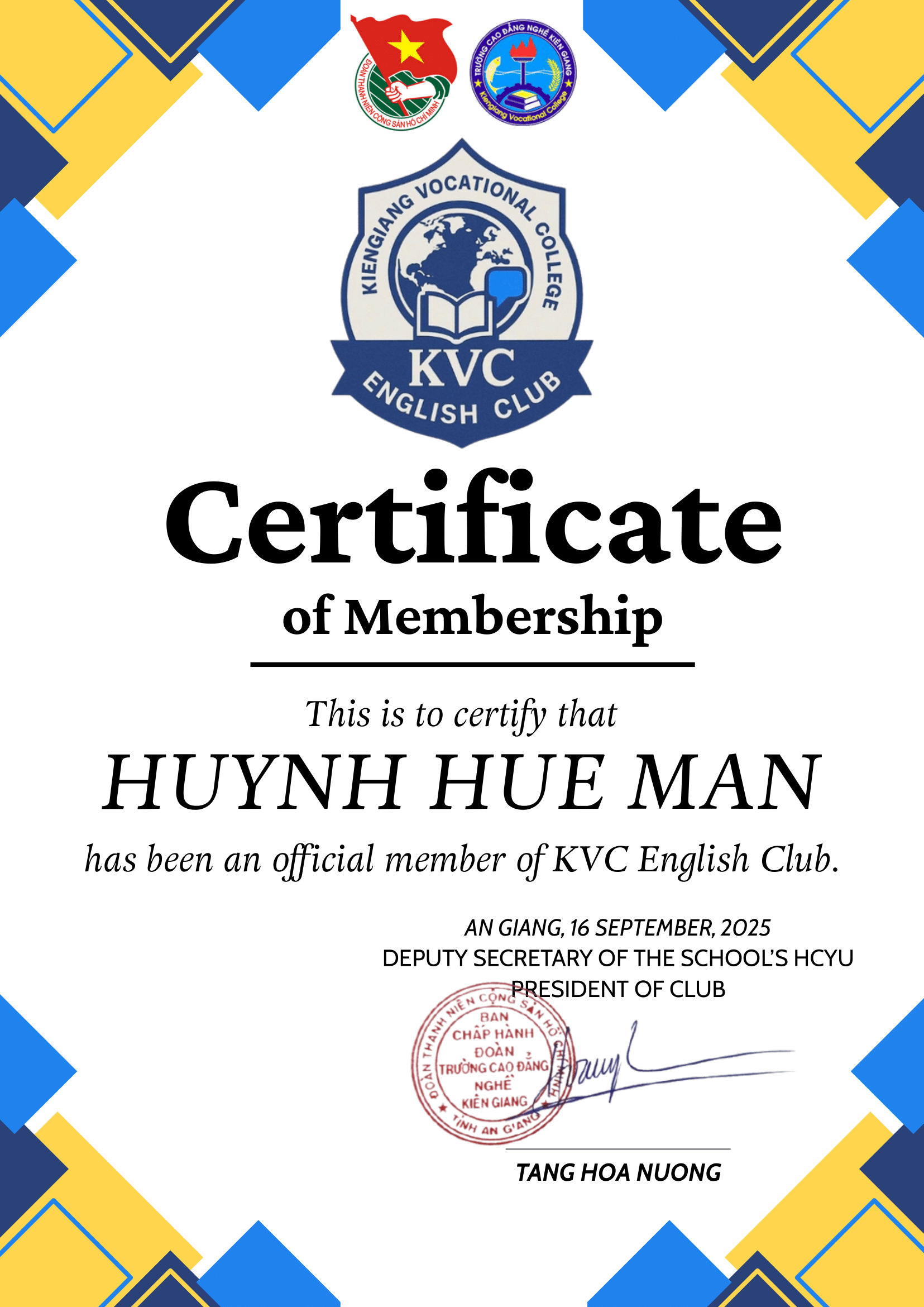 Certificate KVC English Club 1
