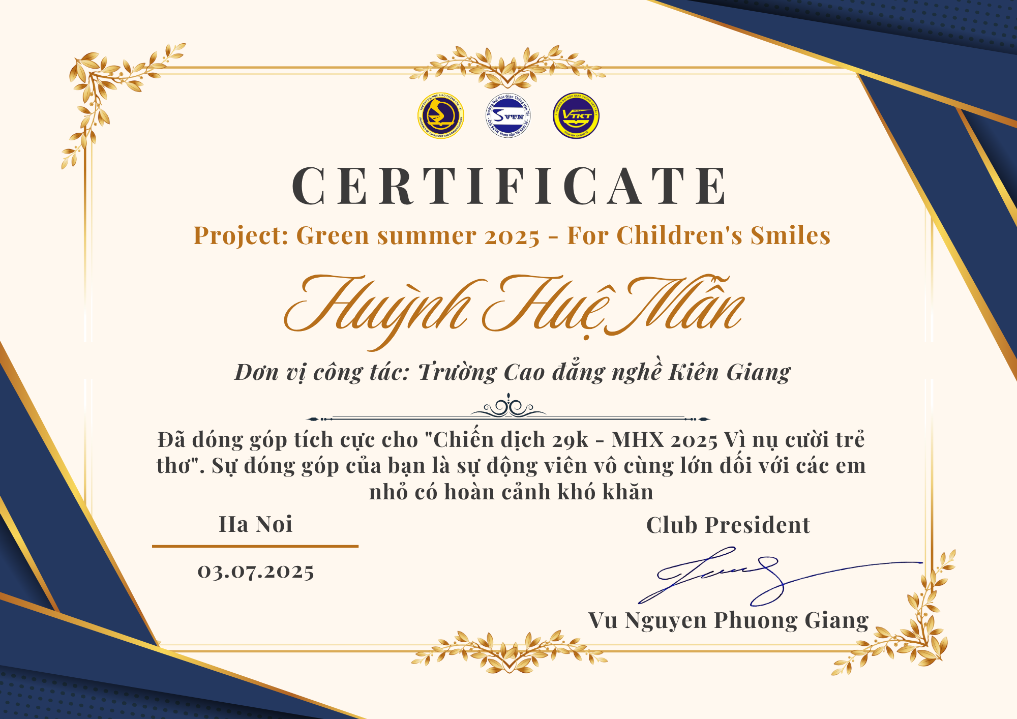 Giấy Chứng Nhận Tình Nguyện MHX Vì Nụ Cười Trẻ Thơ