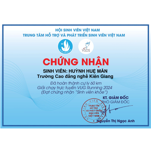Giấy Chứng Nhận Sinh Viên Hoàn Thành Giải Chạy VUG 2024 Do Hội Sinh Viên VN Cấp