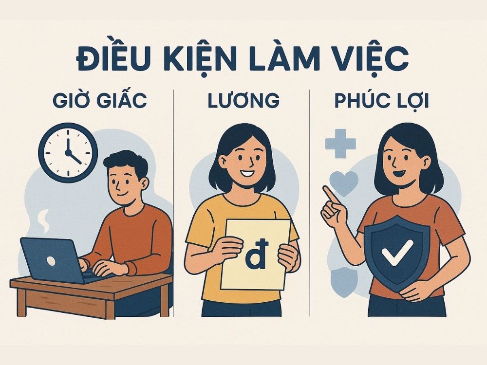 2. Điều kiện làm việc: Giờ giấc, lương, phúc lợi