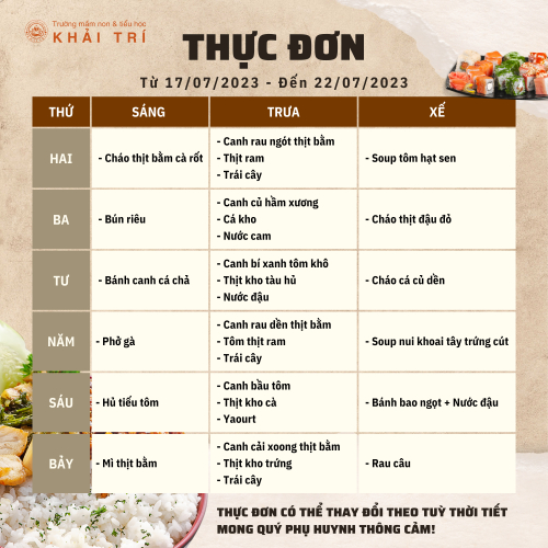 Thực Đơn Tuần - Mỗi Ngày Bé Ăn Gì Tại Khải Trí