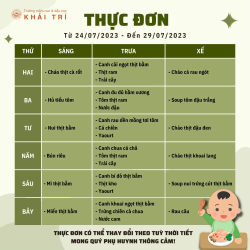 Thực Đơn Tuần Mới - Mỗi Ngày Bé Ăn Gì Tại Khải Trí