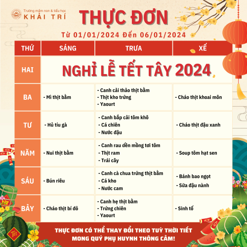 Thực Đơn Tuần Mới (Từ 01/01/2024 - 06/01/2024)