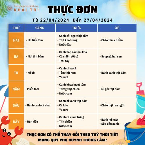 Thực Đơn Tuần Mới (Từ 22/04/2024 - 27/04/2024)