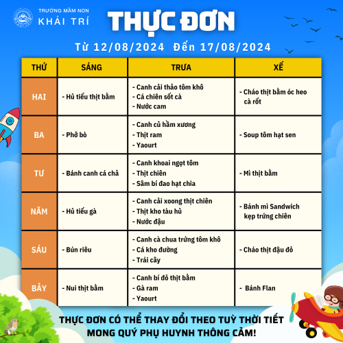 Thực Đơn Tuần Mới (Từ 12/08/2024 - 17/08/2024)