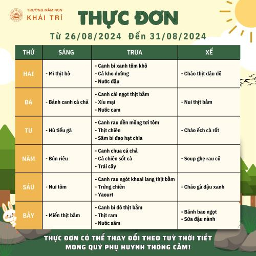 Thực Đơn Tuần Mới (Từ 26/08/2024 - 31/08/2024)