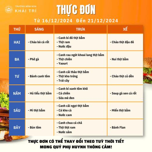 Thực Đơn Tuần Mới (Từ 16/12/2024 - 21/12/2024)