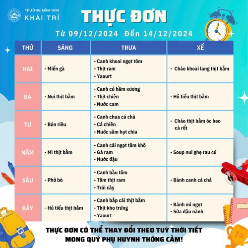 Thực Đơn Tuần Mới (Từ 09/12/2024 - 14/12/2024)