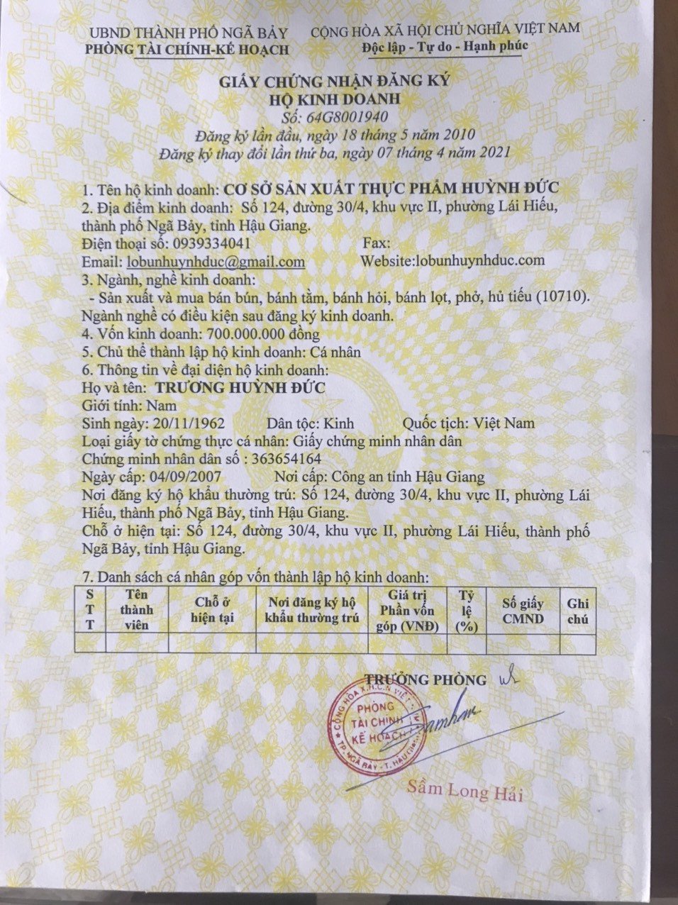 Giấy phép kinh doanh Cơ Sở Huỳnh Đức