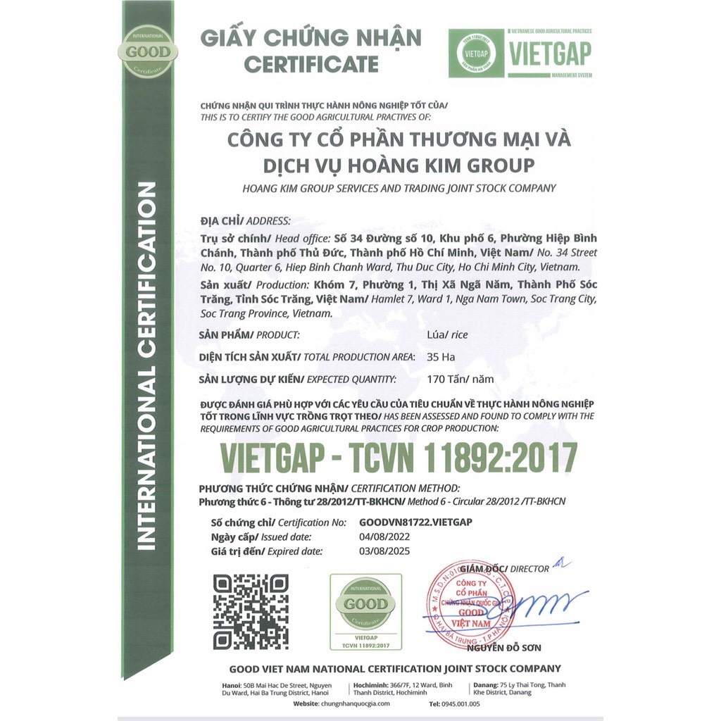 Giấy chứng nhận chuẩn VIETGAP