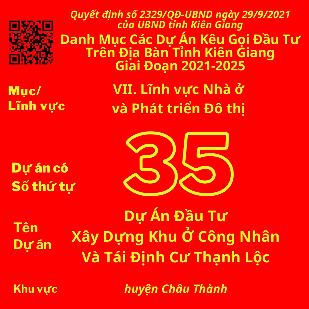 Dự Án Có Số TT 35: Dự Án Đầu Tư Xây Dựng Khu Ở Công Nhân Và Tái Định Cư Thạnh Lộc