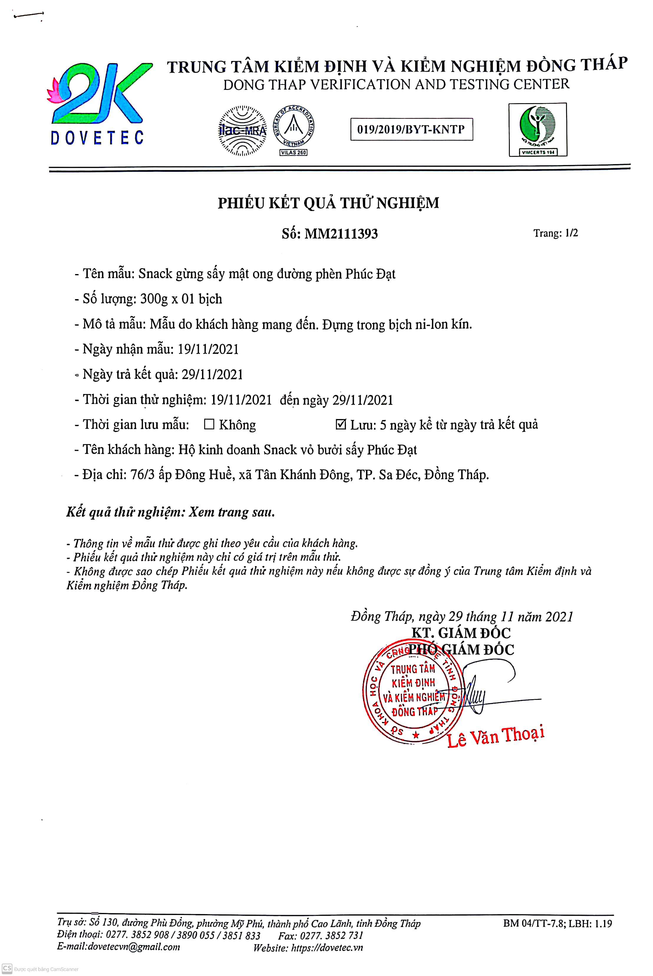Phiếu kết quả thử nghiệm