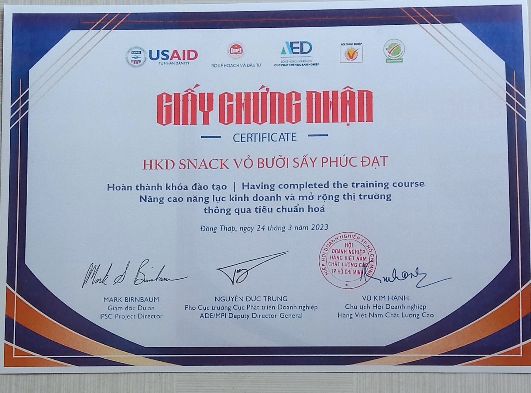 Giấy chứng nhận HKD Snack vỏ bưởi sấy Phúc Đạt
