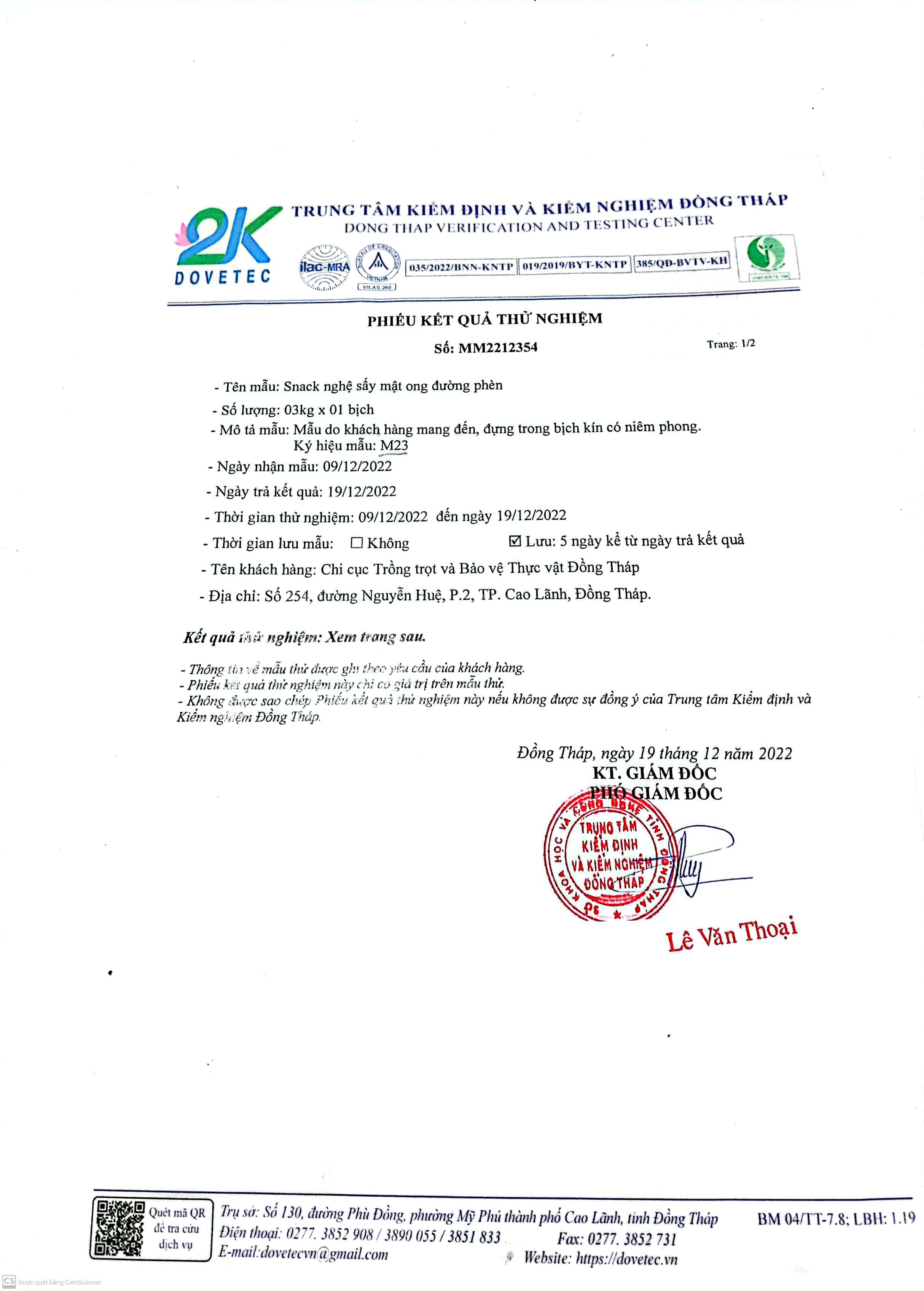 Phiếu kết quả thử nghiệm