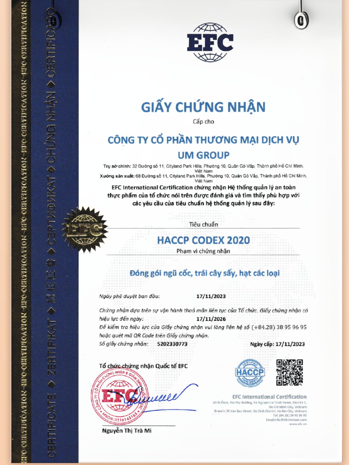 Giấy chứng nhận an toàn thực phẩm