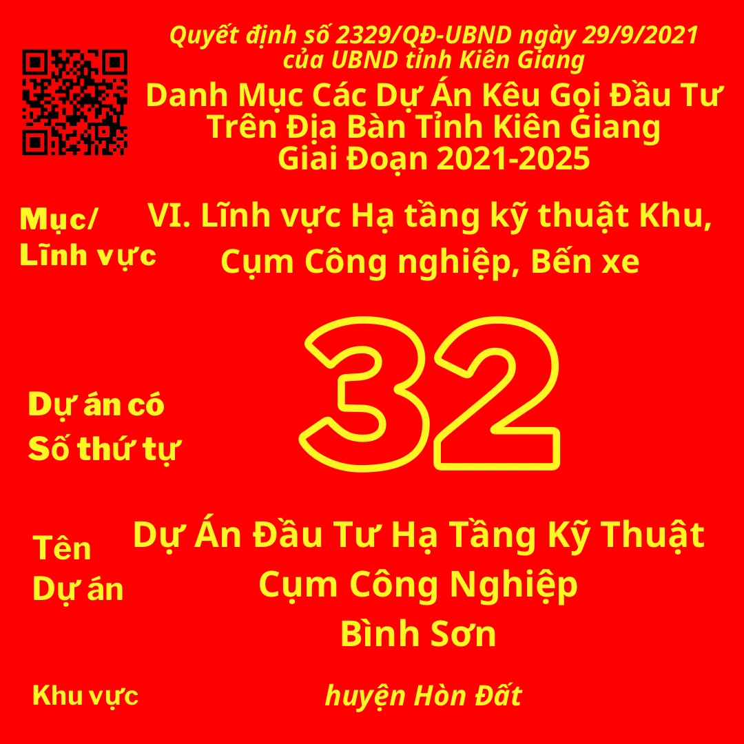 Dự Án Có Số TT 32: Dự Án Đầu Tư Hạ Tầng Kỹ Thuật Cụm Công Nghiệp Bình Sơn