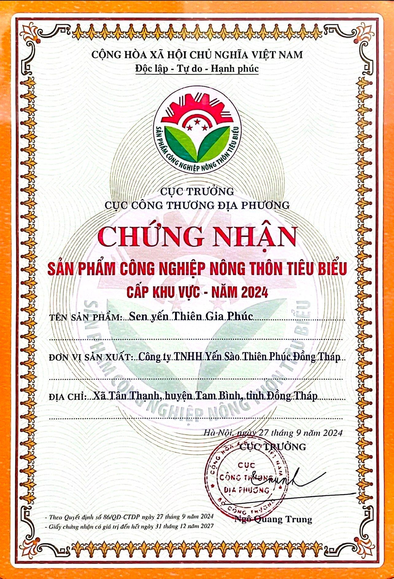Chứng nhận Sản phẩm Công nghiệp Nông thông Tiêu biểu Cấp Khu vực Năm 2024